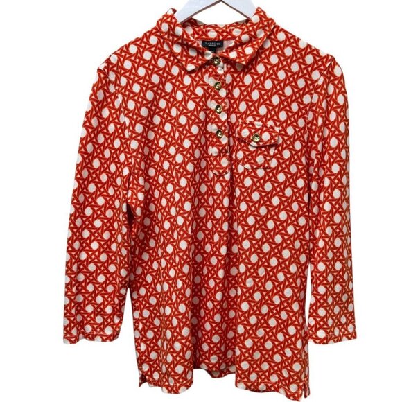 TALBOTS Womens Polo Shirt L/XL Orange Print 3/4 Sleeve Pique Knit Preppy Top - Picture 1 of 8